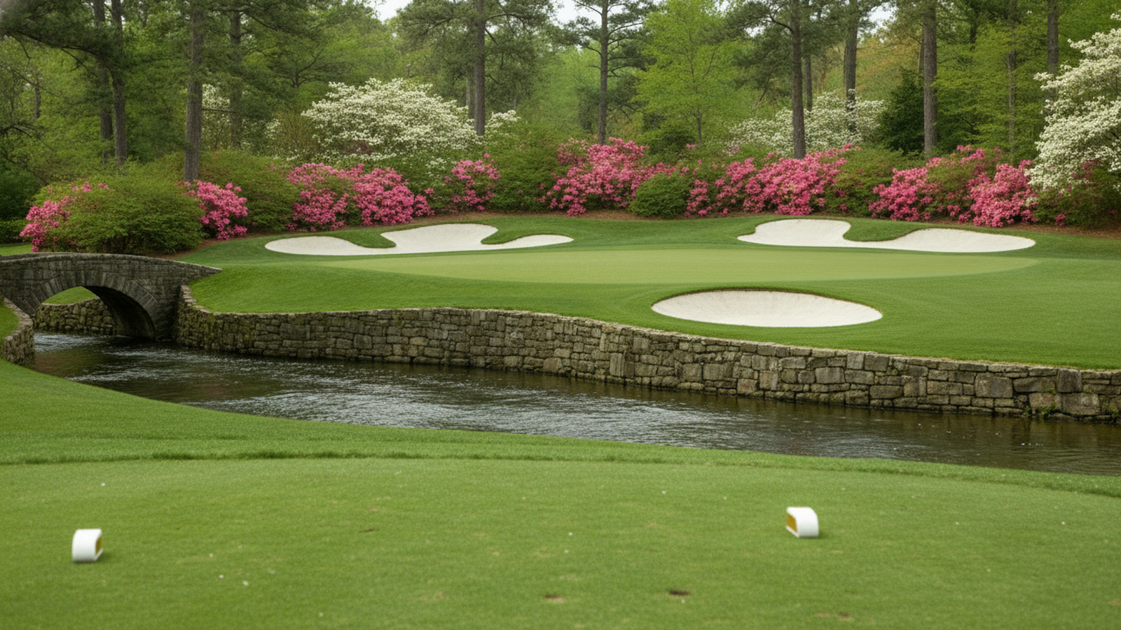 Stylized elevated three-quarter view of Augusta National's 12th hole, five simulated tee shots arcing toward the green across Rae's Creek, colored by outcome
